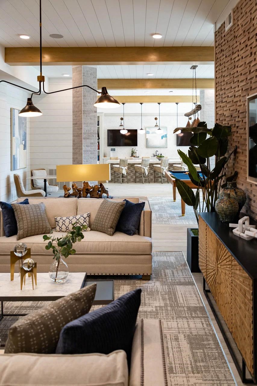 a living room with a couch and a table