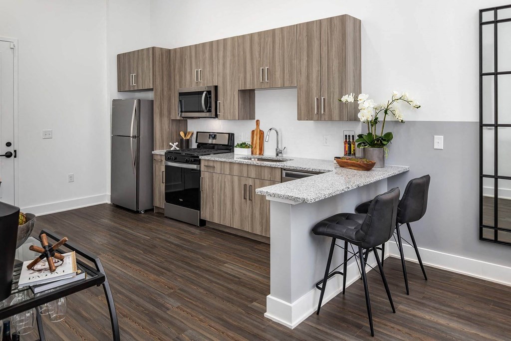 a kitchen with a counter top and