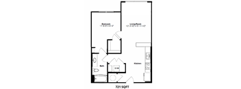 A floor plan of a 721 square foot home with a bedroom, living room, kitchen, bath, etc.