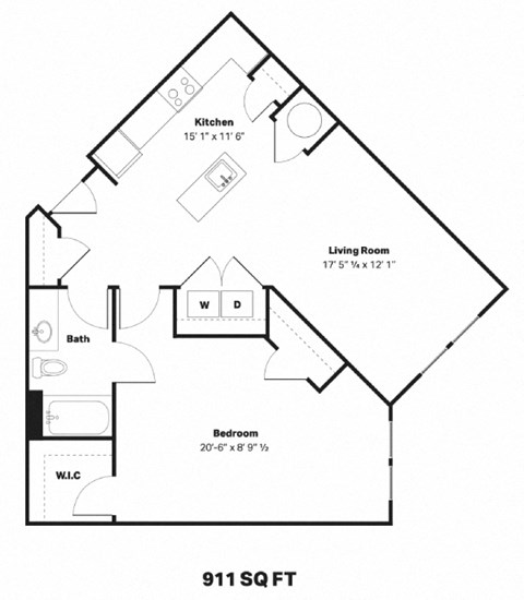 a floor plan of a one bedroom apartment with a bathroom and a living room
