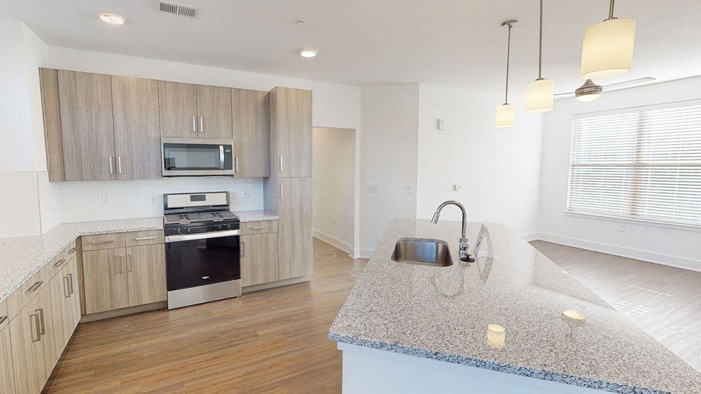 A kitchen with a granite countertop and stainless steel appliances.