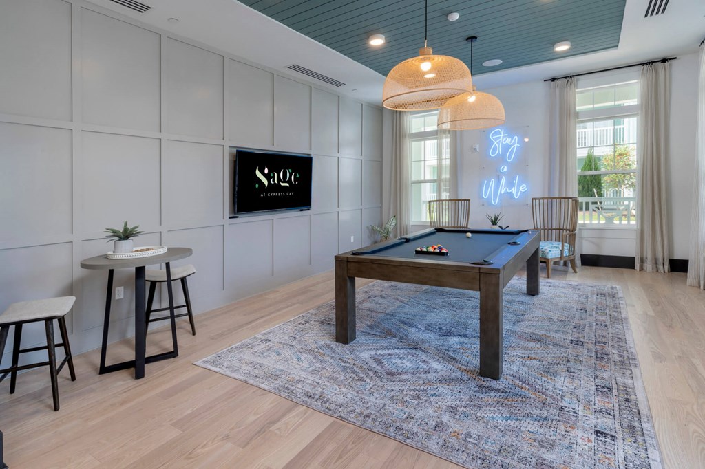 a games room with a pool table and a television