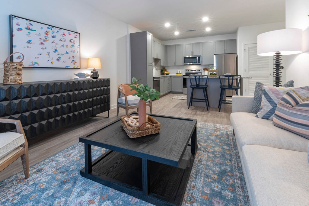 a living room with a couch and a coffee table