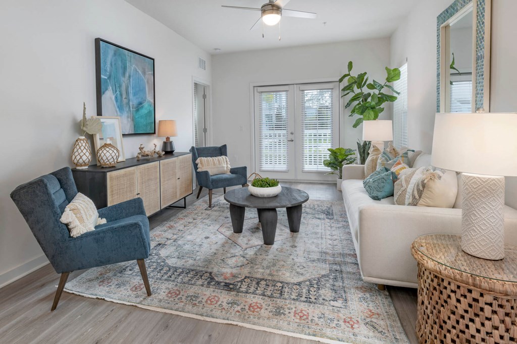 a living room with a couch and a table