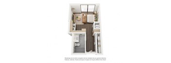 a stylized floor plan with a bedroom and a living room