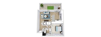 a stylized floor plan with a bedroom and a living room