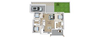 a floor plan of a house with a car and a yard