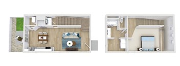 two layouts of a bedroom with a bathroom and a living room