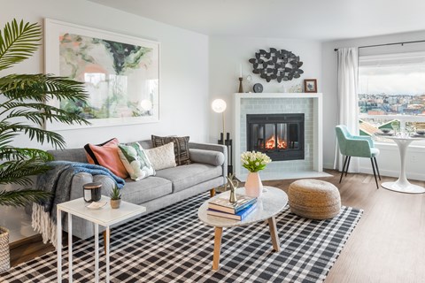 Living Room With Fireplace at The Eden, Seattle, 98109