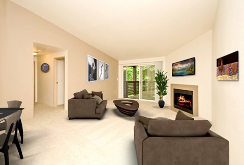 a living room with couches and a table and a fireplace at Vista Ridge, Issaquah, WA, 98027