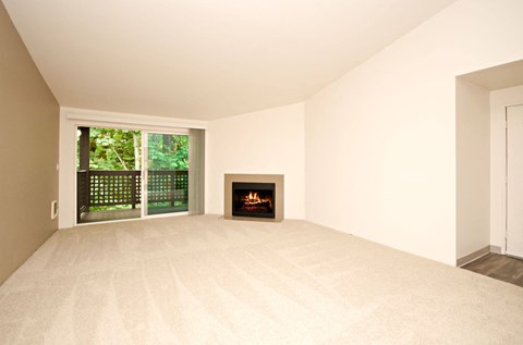 a living room with a fireplace and a window at Vista Ridge, Issaquah, 98027