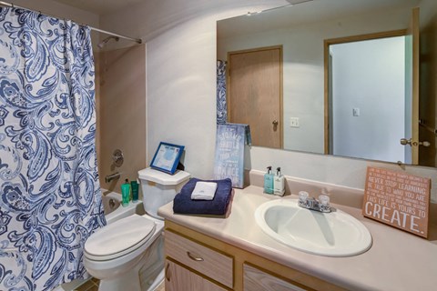 a bathroom with a sink and a toilet and a shower at Vista Ridge, Issaquah, WA, 98027