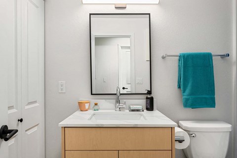 a bathroom with a sink and a mirror at Scout, Kirkland, 98034