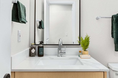 a bathroom with a sink and a mirror at Scout, Washington