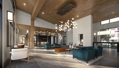 a rendering of a lobby with couches and chairs