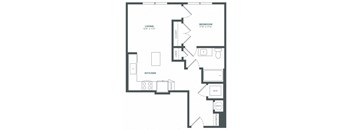 an illustration of a 1 bedroom floor plan with a kitchen and a living room