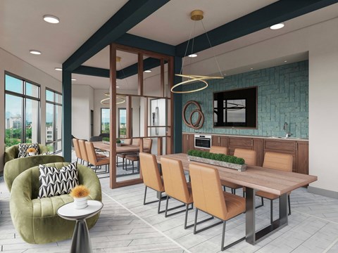 A modern dining room with a long table and chairs.