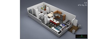 a 3d rendering of a bedroom and kitchen in a small house