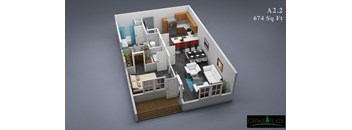a 3d rendering of a bedroom and living room
