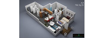 an isometric view of a room with a bedroom and a living room