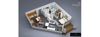 a 3d floor plan of a bedroom and living room