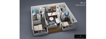 a 3d rendering of a 3 bedroom house with an open floor plan