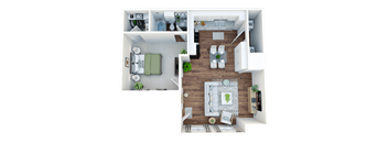 a 3d rendering of the 1 bedroom floor plan with roommates