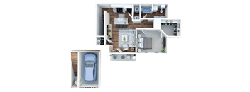 a 3d rendering of a house with a car in the garage