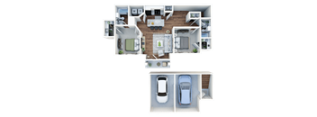 a 3d rendering of a floor plan with a car and a bedroom