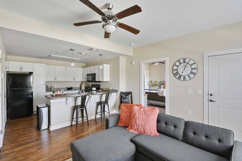 A living room with a grey couch and a ceiling fan.