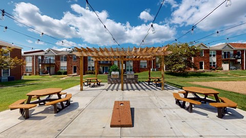 a picnic area with benches and a pergola