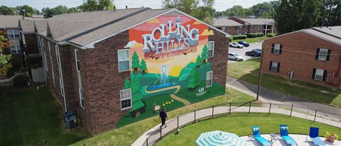 Colorful mural on a building near Rolling Hills apartments in Louisville, KY.