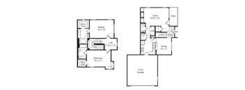 A floor plan of a house with a living room, dining room, kitchen, two bedrooms, a master bedroom, a loft, a walk-in closet, and a 2 car garage.