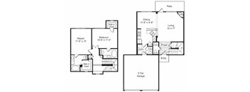 A floor plan of a house with a master bedroom, a walk-in closet, a dining area, a living room, and a 2 car garage.