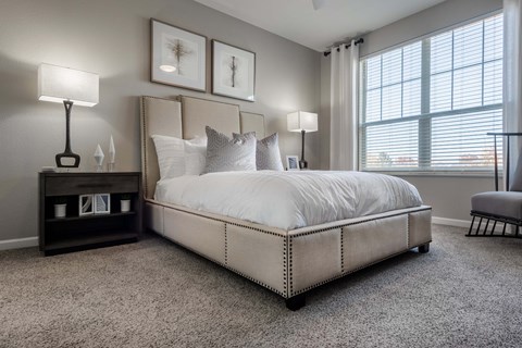 a bedroom with a bed and a ceiling fan