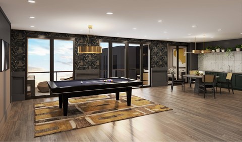 a living room with a pool table and a dining room