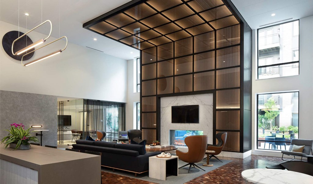 a rendering of a living room with couches and a fireplace