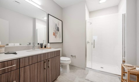 a bathroom with a shower and a sink and a toilet