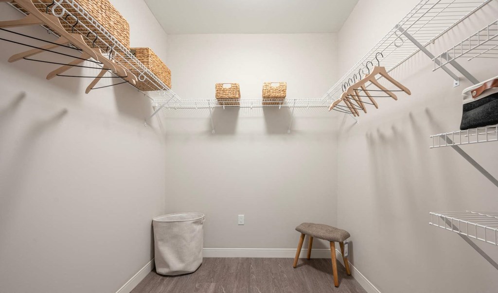a walk in closet with shelves and a stool