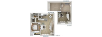 a stylized floor plan with a bedroom and a living room