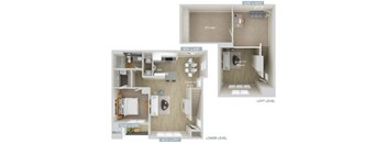 a stylized floor plan with a bedroom and a living room