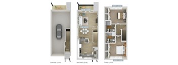three views of a floor plan with a bedroom and a living room
