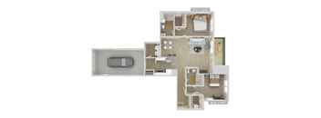 a stylized floor plan with a bedroom and a living room
