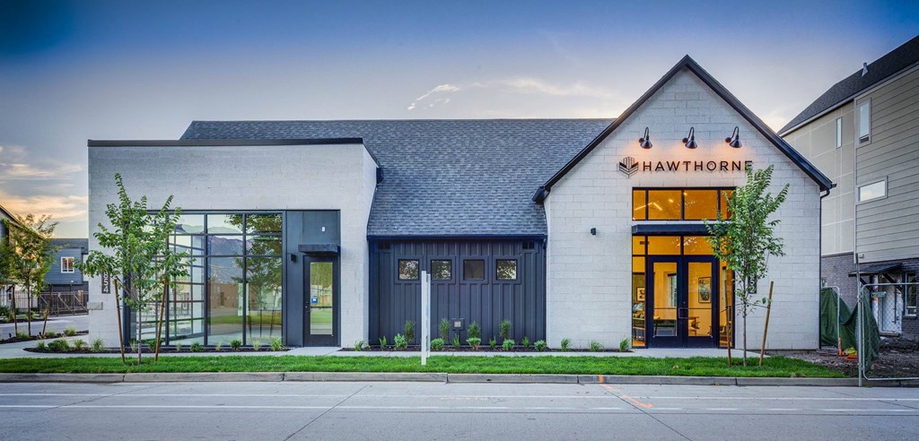 a view of the front of a building with glass doors