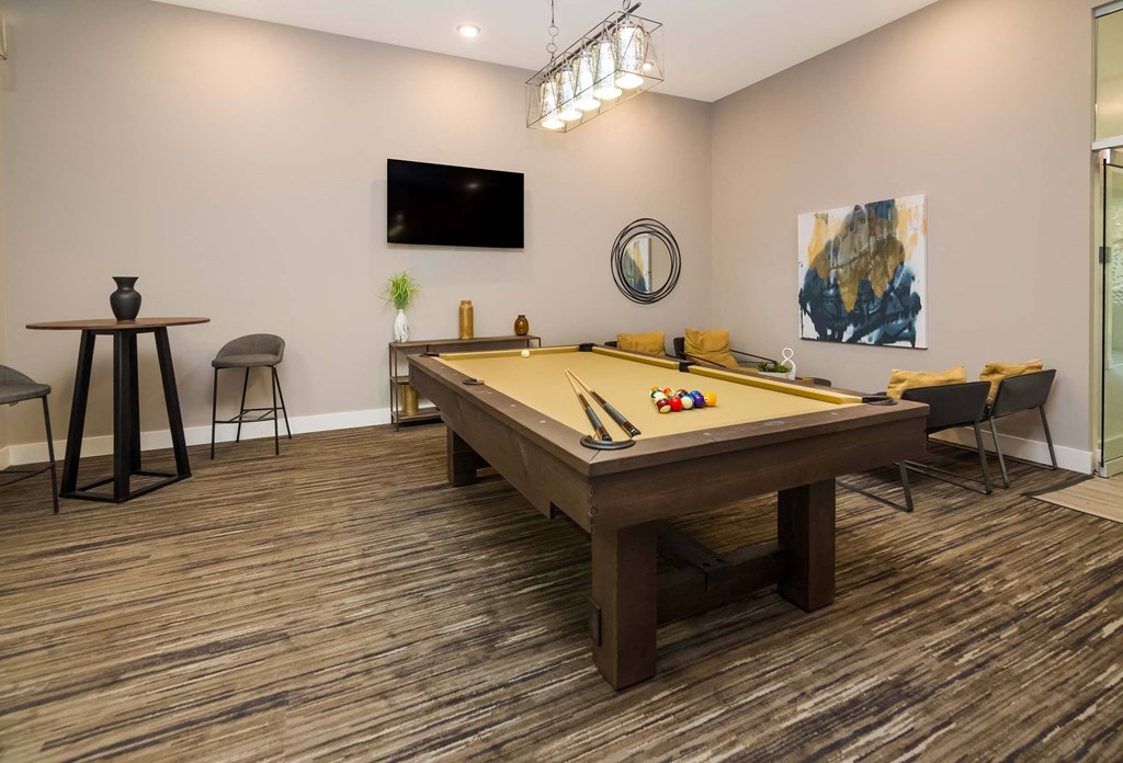 a games room with a pool table and a tv