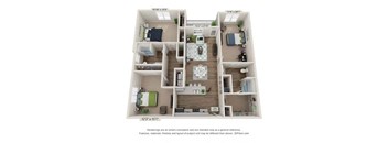 3d furnished floor plan for a 1 bedroom 978 sq ft