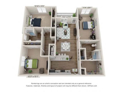 3d furnished floor plan for a 1 bedroom 978 sq ft