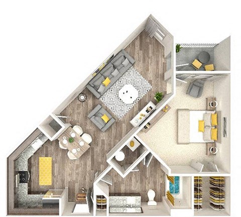 A 3D floor plan of a house with a kitchen, living room, and bedrooms.