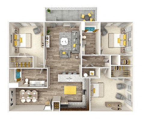 A floor plan of a house with a living room, kitchen, dining room, and bathrooms.