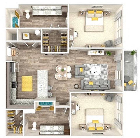 A series of images showing different layouts of a living room and kitchen.